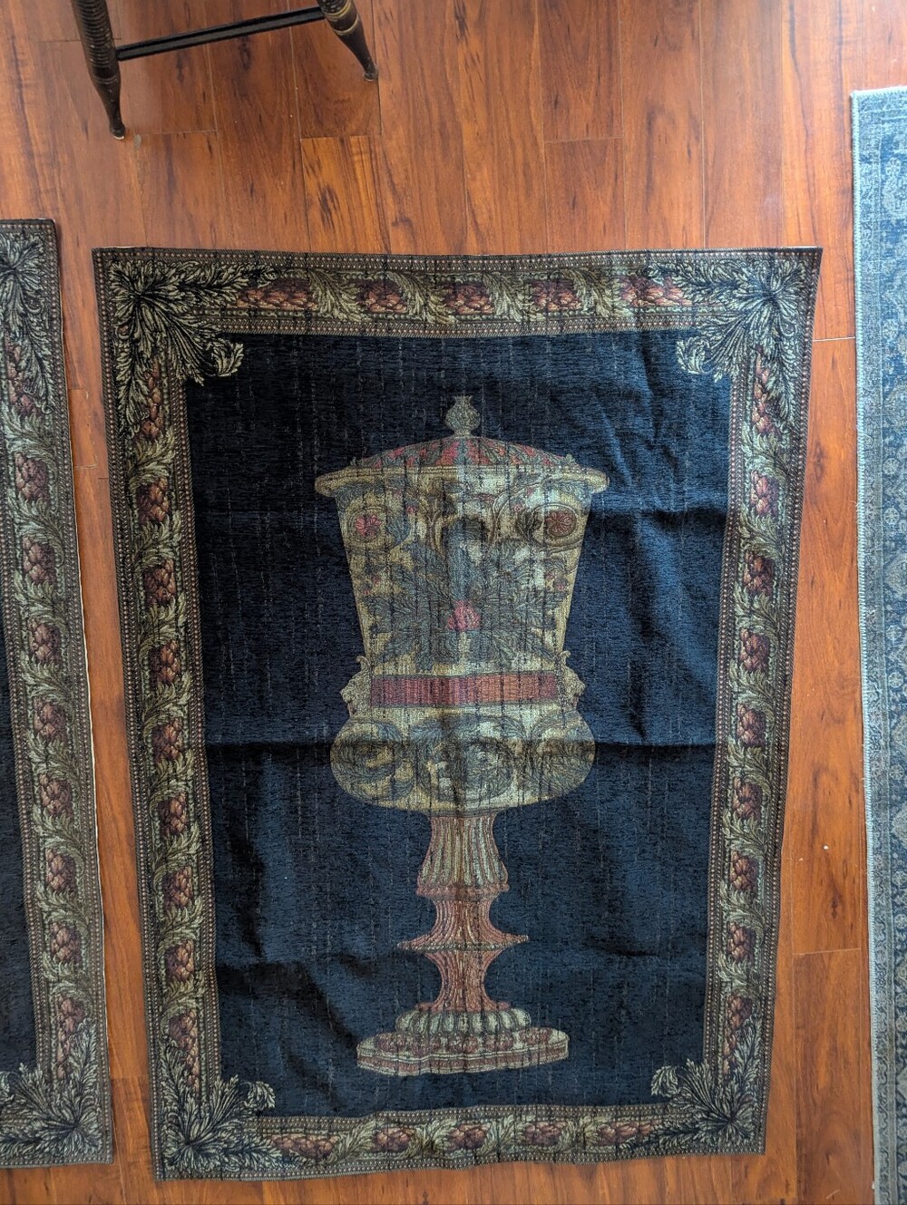 Belgian Chenille Tapestry Black Chalice Urn Old World Tuscan Wall Hanging 71x50